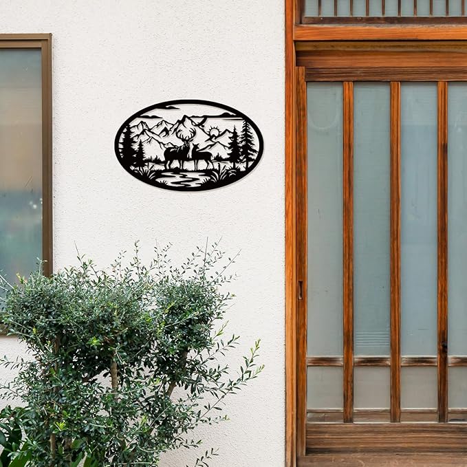 Rustic Metal Deer Cabin Sign, Christmas Gift for Living Room,Welcome Sign, Deer Outdoor Metal Wall Art, Great Gift for Hunters, Cabin Deco