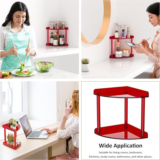 2 Tier Countertop Corner Organizer Shelf 7x7x8 Inch, Red Acrylic Bathroom Corner Shelf for Countertop, Vanity Storage for Skincare, Cosmetics, Perfume