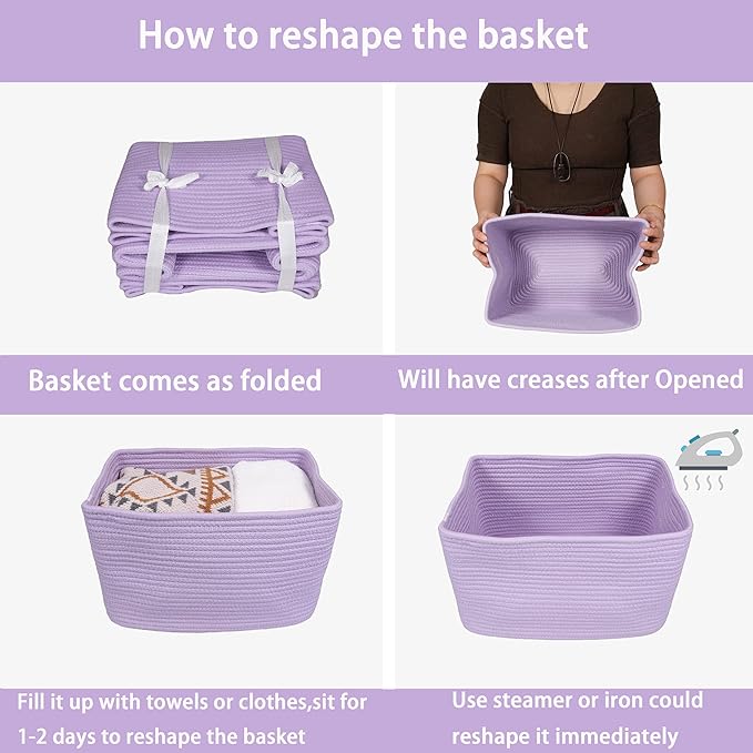 Cotton Rope storage Basket Bins Woven Basket for Organizing Shelves Rectangle Decorative Baskets For storage Clothes Toys Books Towels Square Wicker Nursery basket organizer 3 pack purple lavender