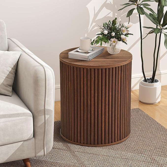 AVZEAR Fluted Round Side Table with Storage, Small Mid Century End Table Fluted Nightstands, Modern Circle Bedside Tables Wood Night Stand for Small Spaces, Living Room, Bedroom (Rustic Walnut)