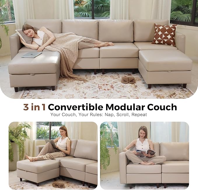 118.5" Faux Leather Modular Sectional Sofa, L Shaped Couch Set for Living Room, 5-Seater Comfy Cloud Couches with Movable Storage Ottoman,DIY Combination - Whitesand