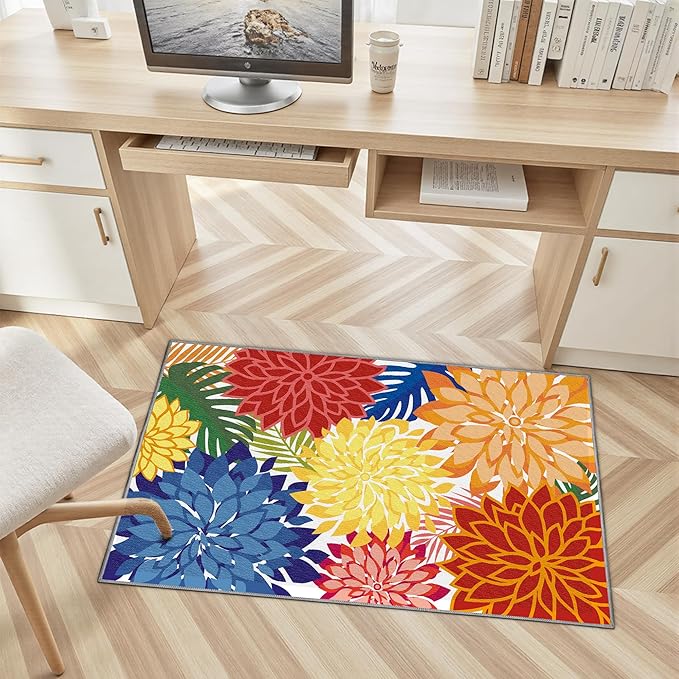 Area Rug 2x3 Washable Entry Small Rug Multicolored Tropical Botanical Modern Floral Indoor Kitchen Door Mat Entrance Carpet Non Slip for Bedroom Living Room, Porch