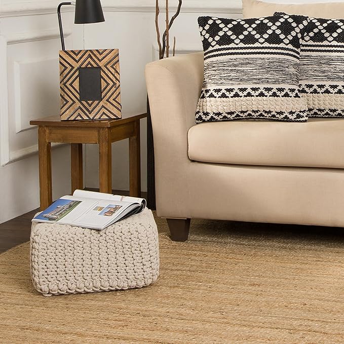 REDEARTH · Cube Low Pouf Foot Stool Ottoman - Hand Knitted Poof - Cord Boho Pouffe - Home Décor - Stuffed Footrest for Living Room - Nursery - Bedroom - Covered Patio - Room (16" x 16" x 8") - Ivory