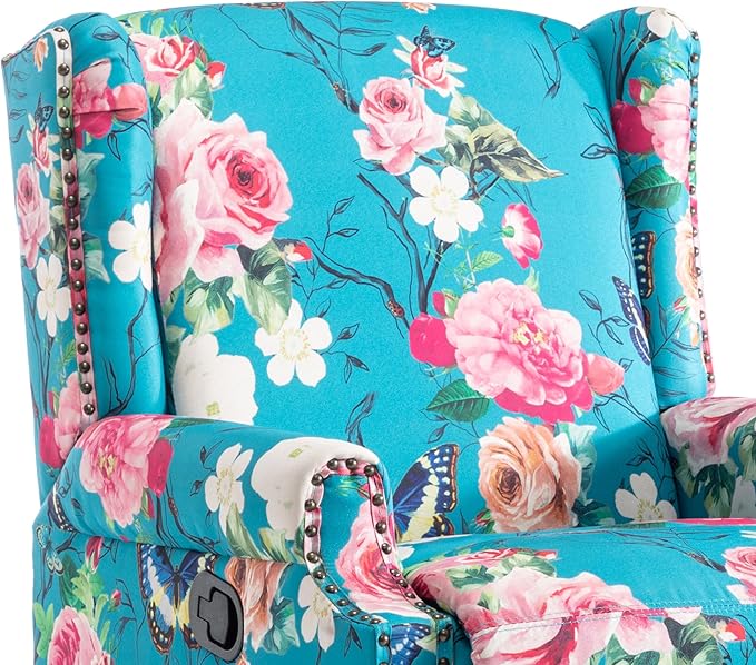 UIXE Swivel Rocker Manual Recliner Chair, Wingback Swivel Glider Fabric Nursery Reclining Sofa Chair, High Back Upholstered Arm Chair for Living Room Bedroom - Peacock Blue