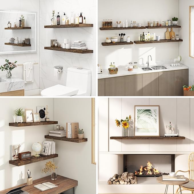 Dreamland 40 Inches Floating Shelves for Wall, 9.3" Deep Long Floating Shelves Set of 2, Large Display & Storage Shelf, Wall Shelf for Bathroom Bedroom Living Room Kitchen Office, Rustic Brown