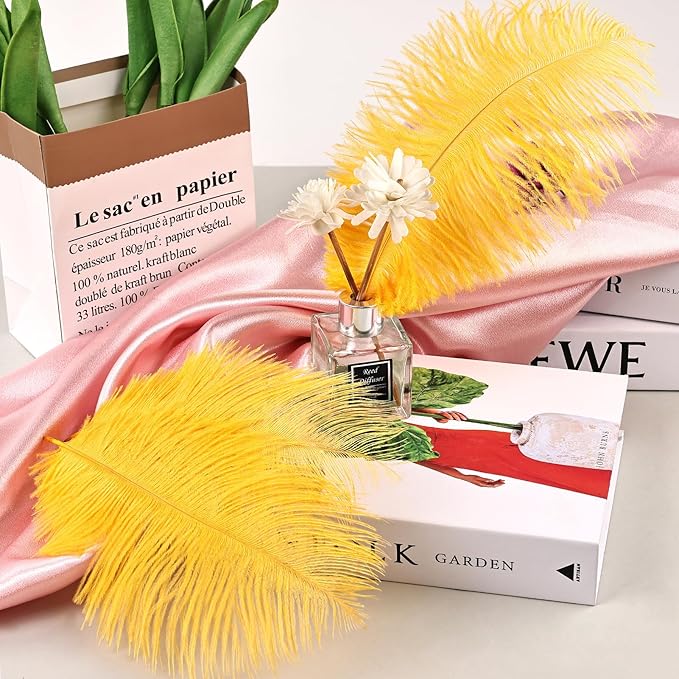 THARAHT Golden Yellow Ostrich Feathers 24pcs Natural Bulk 8-10Inch 20cm-25cm for Crafts Wedding Party Centerpieces Halloween and Home Decoration Feathers