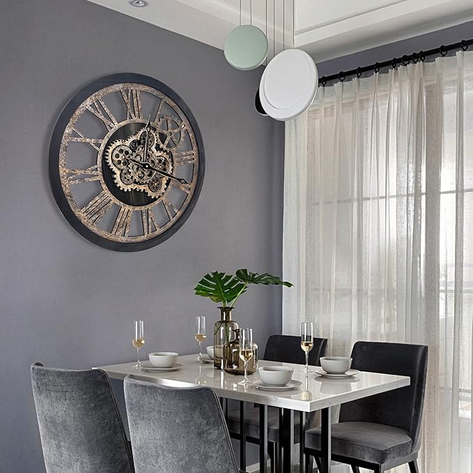 The B-Style Large Wall Clock 18 inch Moving Gear Wall Clock Oversized Vintage Farmhouse Wall Clocks for Living Room Decor Rustic Industrial Wood Clock (Black)