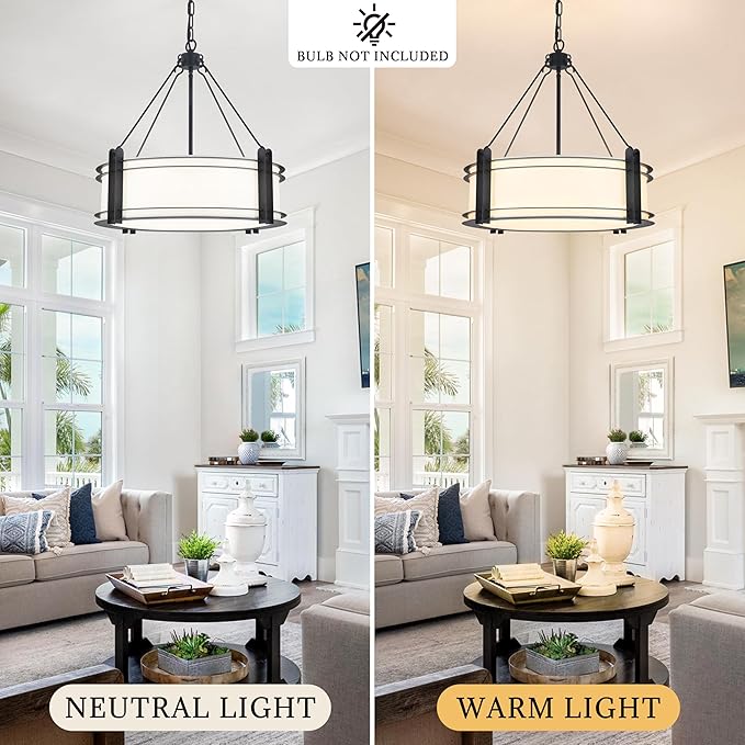 20.4''Drum Chandelier,5-Light Fabric Modern Chandeliers,Black Farmhouse Round Pendant Light Fixture for Dining Room Kitchen Island Living Room Bedroom Hallway