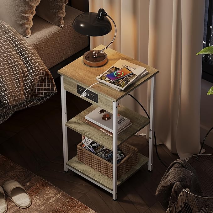 WLIVE Side Table with Charging Station and USB Ports, Small End Tables for Small Spaces, 3-Tier Nightstand with Adjustable Shelf, Bedside Tables, Living Room, Bedroom, Greige