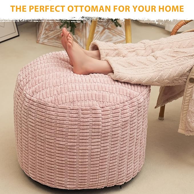 Round Stuffed Pouf Ottoman for Foot Rest, Storage Ottoman Pouf Foot Stool Cushion, Faux Fur Poufs with Foam Chunk Filling, 26 X 18 Inch Floor Chair for Living Room Bedroom Home Decor, Pink