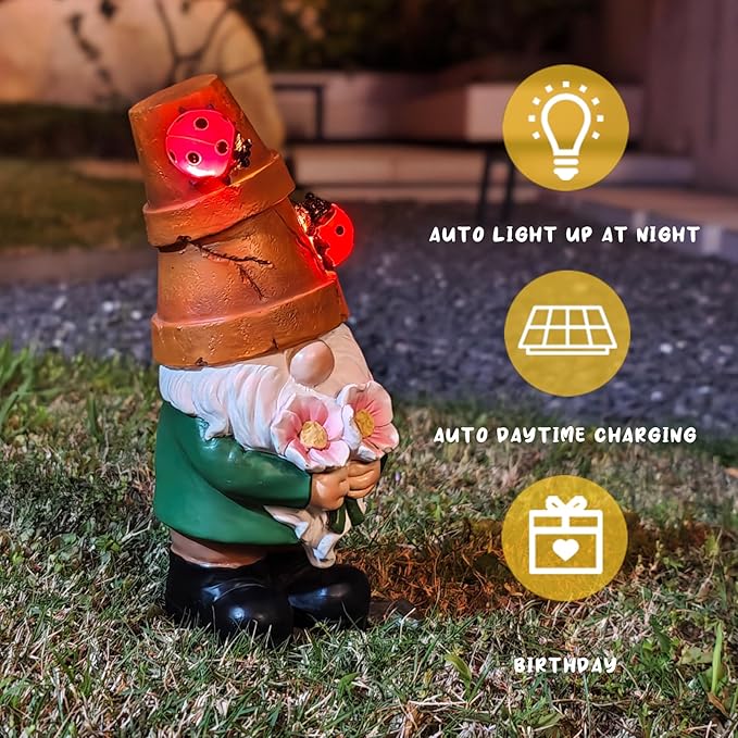 COWOS Garden Gnome Statues Outdoor Decor, Solar Gnomes with LED Lighted Flowers, Solar Resin Outdoor Statue Sculpture, for Woman Gift Home and Garden Decor