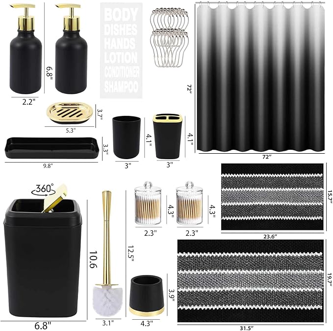 25PCS Black Bathroom Accessories Sets Complete, with Shower Curtain, Rugs, Trash Can and Toilet Brush, Soap Dispenser, Toothbrush Holder and Cup, Soap Dish, Qtip Holder, Bathroom Decor Sets