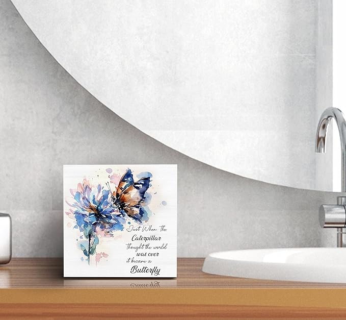 SRADMO Inspirational Desk Signs, Inspirational Butterfly Wood Box Sign Desk Decor, Motivational Desk Decor, Encouragement Theme Wooden Block Box Sign Decoration for Home Office Shelf Table Decor