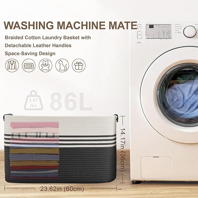 86L Extra Large Laundry Basket with Leather Handles for Living Room Storage, Woven Rope Baskets for Blanket, Kids Toy, Gifts, Wicker Hamper for Bedroom Dirty Clothes, 24"x16"x14" White Black