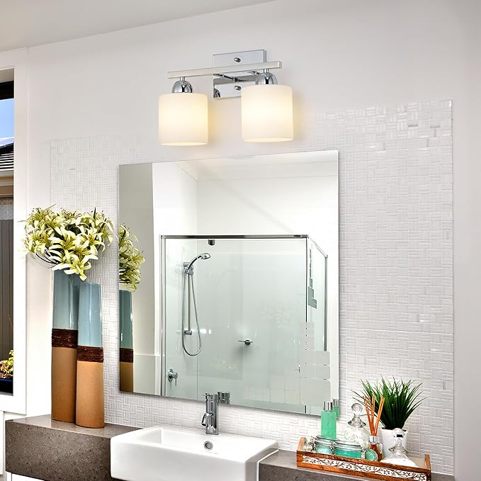 Stainless Steel Milk Glass Vanity Lights for Bathroom, 2 Light Chrome Bathroom Light Fixtures Over Mirror, Ceramic E26 Sockets Wall Mounted