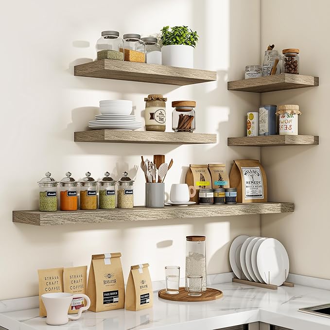 24 Inch Floating Shelves, 3D Textured Wood Grain, 24"x9.25"x1.5" Inch Deep Floating Shelves for Wall, Wooden Shelves for Bathroom, Bedroom, Living Room, Vintage Gray Oak, 2 Pieces