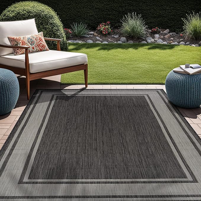 Beverly Rug Large Outdoor Rug 9x12 Modern Bordered Area Rugs for Indoor and Outdoor Patio Deck Porch Garden Waterproof Weather Sun Resistant Washable Outside Carpet (9 x 12 Dark Gray)