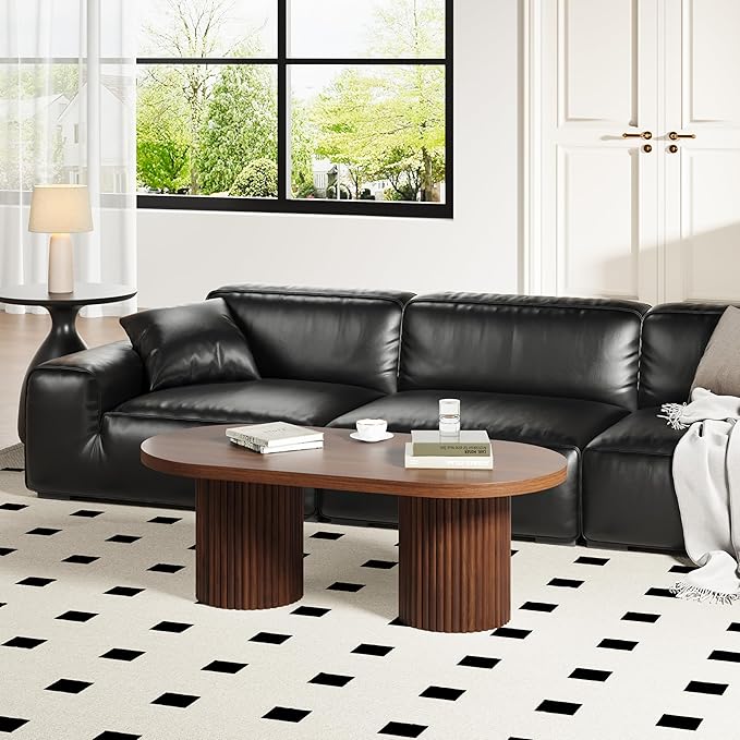 Oval Fluted Coffee Table, Farmhouse Wood Coffee Table Mid Century Modern Center Table Boho Living Room Tables for Living Room Office (Walnut, 19.69" D x 39.38" W x 13.78" H)