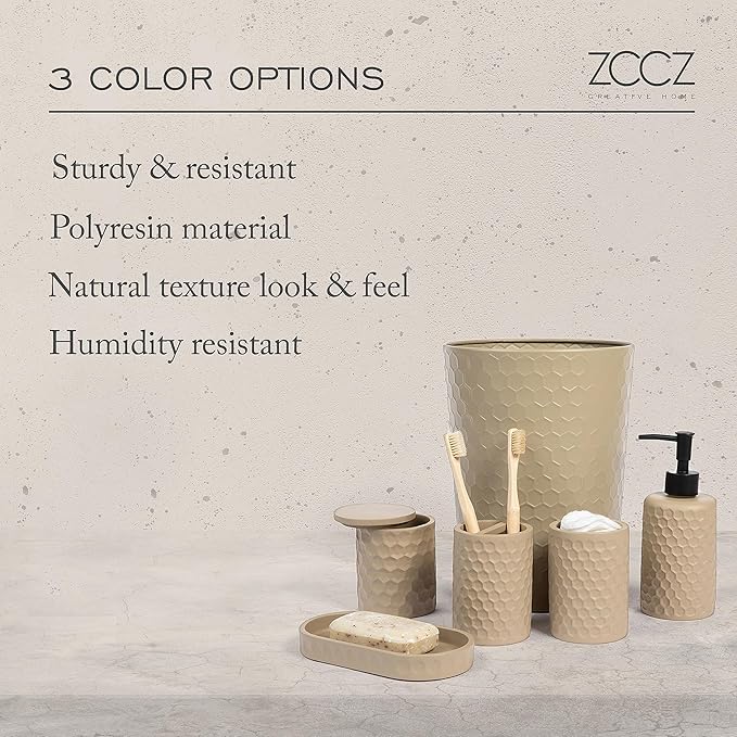 zccz 6 Piece Bathroom Accessories Set, Toothbrush Holder, Toothbrush Cup, Soap Dispenser,Bathroom Vanity Tray, Qtip Holder, Trash Can - Khaki