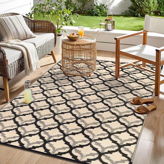 OLANLY Reversible Outdoor Rug 8x10 ft Clearance, Waterproof Outdoor Plastic Straw Rug with Interlacing Pattern, RV Mat for Patio, Camping, Balcony, Deck, Backyard, Black & Beige