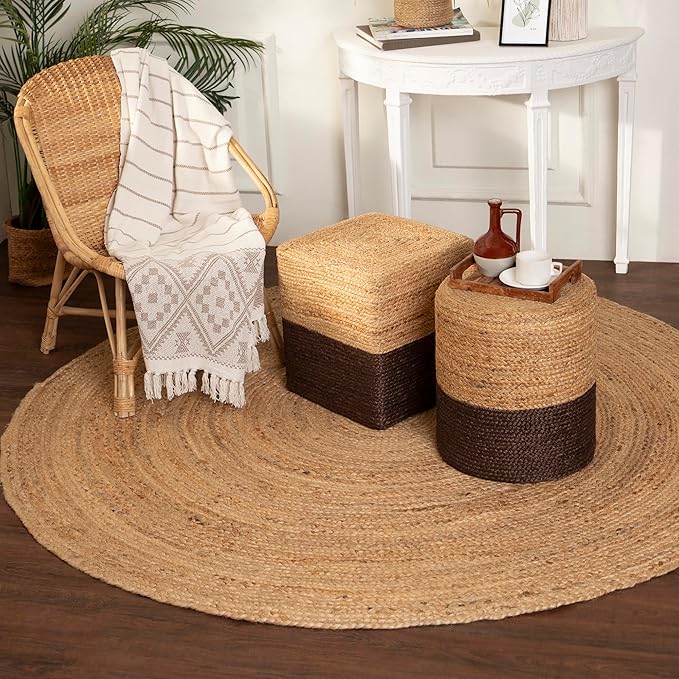 REDEARTH · Cylindrical Pouf Foot Stool Ottoman - Jute Braided Pouffe Poof Accent Sitting Footrest for The Living Room, Bedroom, Nursery, Patio, Lounge - Set of 2 (14.5”x14.5”x16”; Natural Acorn)