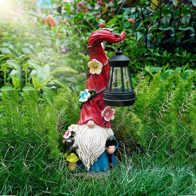 Solar Gnome Garden Statue Lights Gnome Figurine with Solar Lantern, Outdoor Garden Waterproof Ornaments Decorations for Yard Lawn Patio – Ideal Gift for Women Mom Grandma