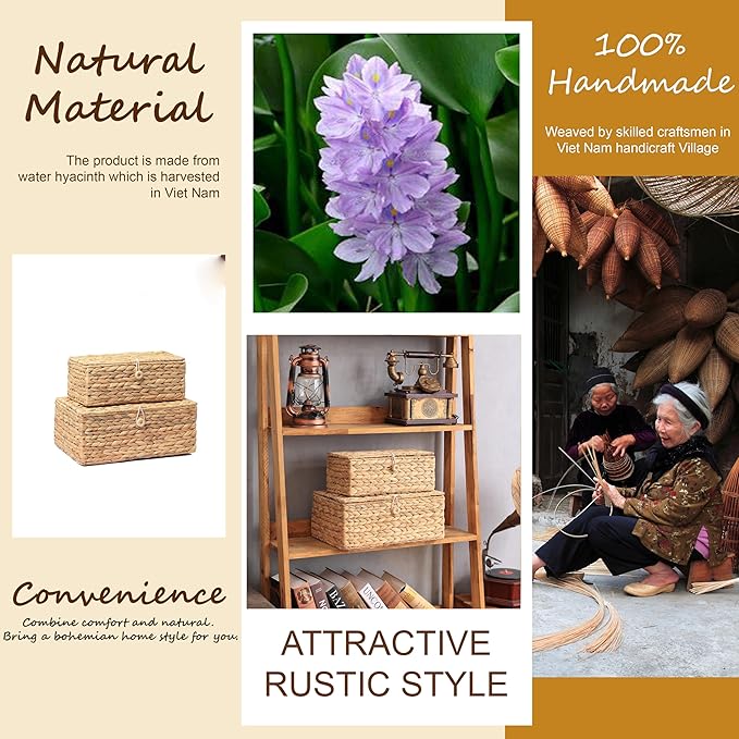 Set of 2 Rectangular Wicker Storage Bins with Lid, Rattan Basket Decorative Boxes, Multipurpose Organizer Display Boxes for Shelf Organizer, Boho Rattan Box for Home Decoration