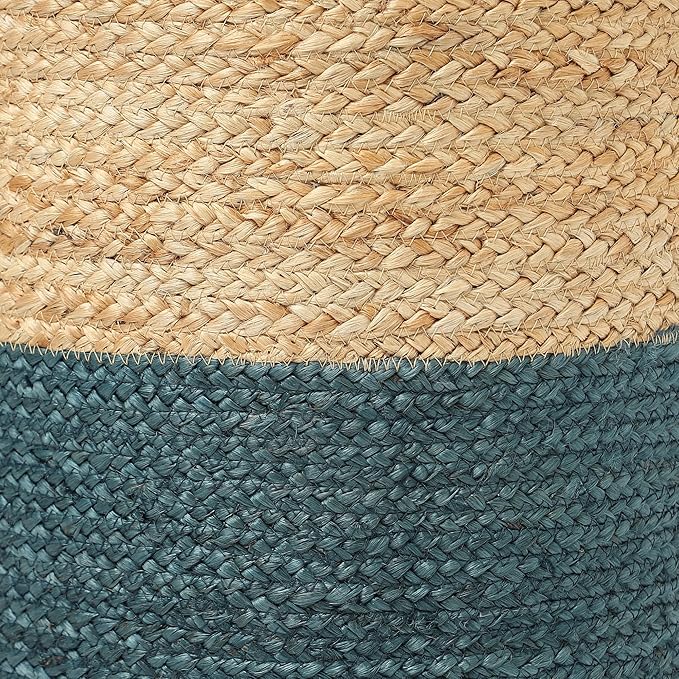 REDEARTH · Cylindrical Pouf Foot Stool Ottoman - Jute Braided Pouffe Poof Accent Sitting Footrest for Living Room, Bedroom, Nursery, Patio, Lounge Set of 2 (Natural Teal, 14.5"x14.5"x16")