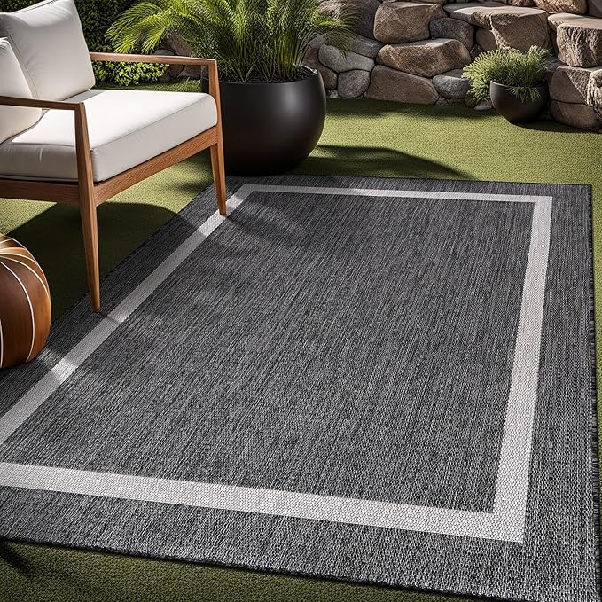 Bordered Outdoor Rug 6x9 Washable Outside Carpet for Indoor Patio Porch Waterproof Easy Cleaning Non Shedding Area Rugs Gray 6 x 9