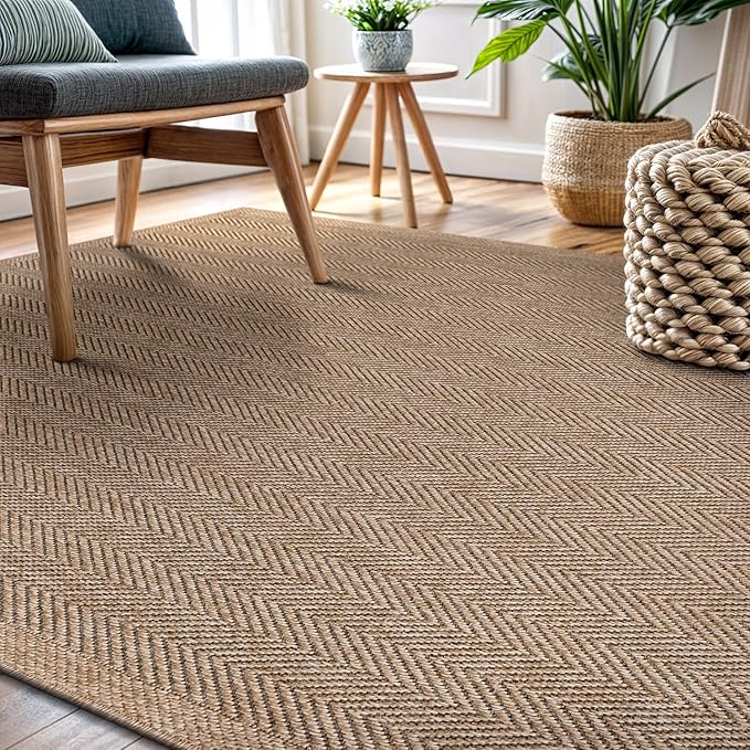CAMILSON Easy Jute Rug 6x9, Indoor Outdoor Natural Color Fiber Area Rugs for Living Room Patio and Bedroom Rug Herringbone Seagrass Woven Design Easy-Cleaning, Washable Outside Carpet Alfombras 6 x 9