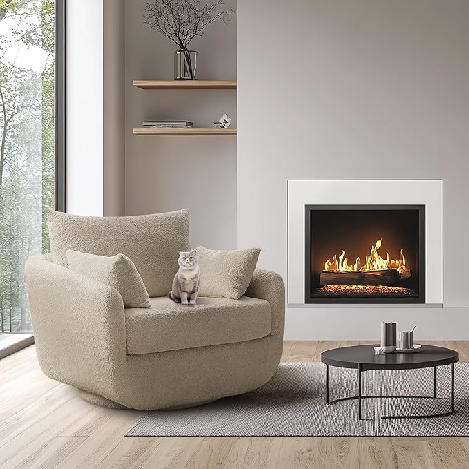 360° Swivel Accent Armchair Set of 2, 39.3" Oversized, Sherpa Boucle Fabric Sofa Chair with Removable Back & Arm Pillows, Swivel Chairs with Cozy Soft Padded, No Assembly Required, Camel