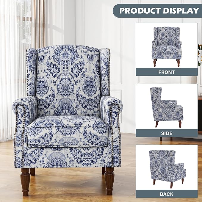 UIXE High Back Floral Accent Chairs Set of 2, Upholstered Armchair in Fabric, Retro Printed Wingback Arm Chair for Living Room, Nailhead Trim Single Sofa Bedroom Reading Seat - Navy Blue
