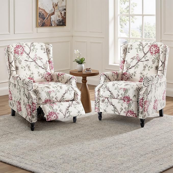 UIXE Pushback Recliner Chair, Fabric Upholstered Armchair Push Back Accent Chair for Living Room, Rivet Trim Home Theater Single Sofa Bedroom Reading Seat with Footrest - Beige Floral