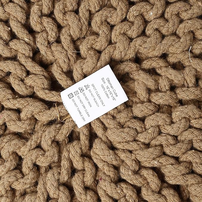 REDEARTH Pouf Ottoman - Cylindrical Knitted Poof - Cord Boho Pouffe - Cotton Round Foot Stool Puff for Home Decor - Living Room - Nursery - Bedroom - Patio - Lounge (16" x 16" x 16") - Beige