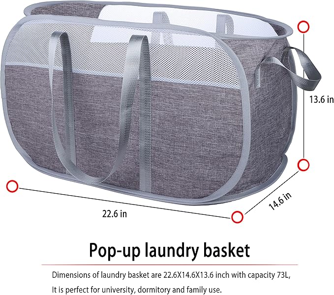 Pop Up Laundry Hamper,with Durable Handles collapsible laundry basket,Easy to Open and Fold for college Dorm,kids room,travel (blue+gray)…