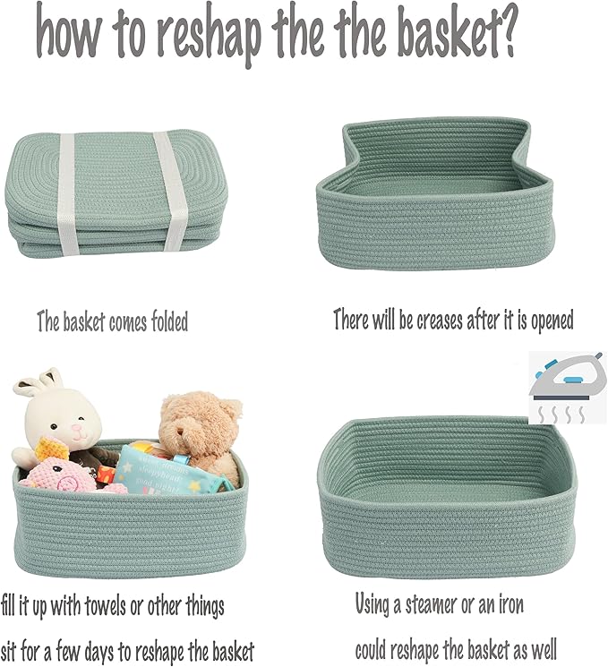 Small Woven Storage Baskets 13“X9”X5“ Decorative Rope Bins for Organizing Shelves, Closets, and Toys, Empty Gift Baskets, Cute Organizer Basket for Home and Office (green, Large)