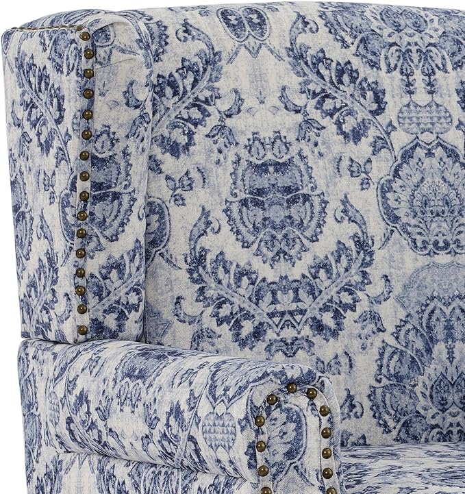 UIXE High Back Floral Accent Chair, Fabric Upholstered Armchair for Living Room, Retro Wingback Arm Chair with Solid Wood Legs, Nailhead Trim Single Sofa Bedroom Reading Seat - Navy Blue