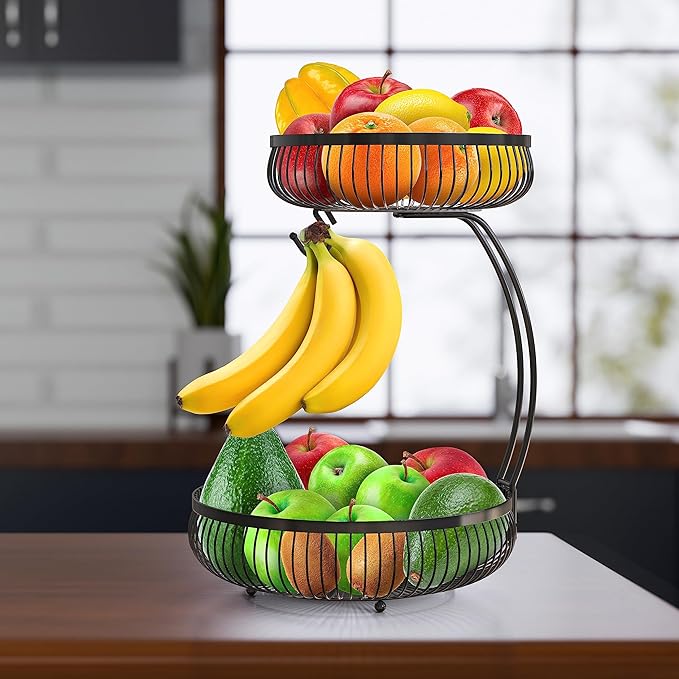 Simple Houseware 2-Tier Countertop Fruit Basket with Banana Hanger, Black