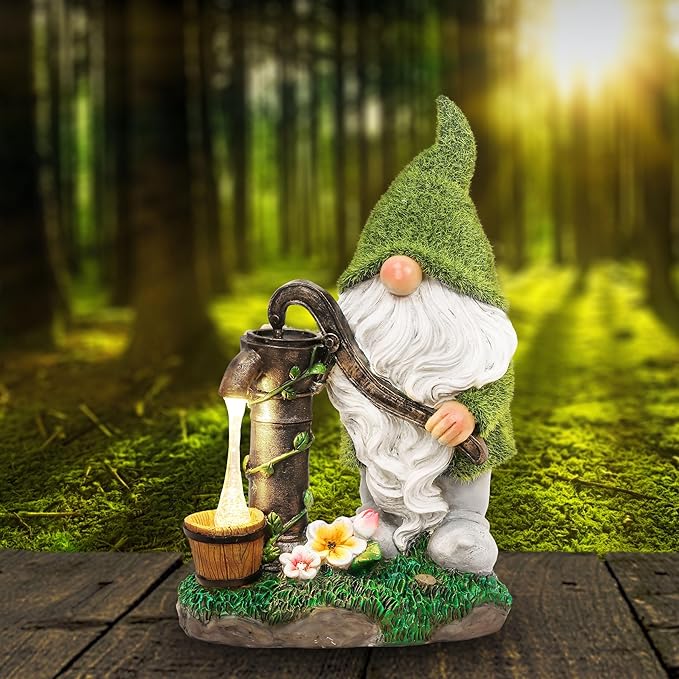 TERESA'S COLLECTIONS Resin Garden Gnomes Decor with Solar Lights, Fathers Gifts, Green Outdoor Decorations for Porch Patio, Gifts for Dad and Mom,Outdoor Garden Decor Ornaments for Outside, 10"