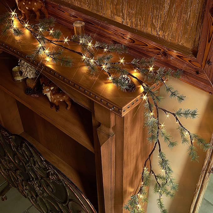 Birchlitland Lighted Pine Garland Battery Operated with Timer 6FT 48 LED Fairy Lights, Christmas Garland with Lights Wall Patio Wedding and Holiday Decor