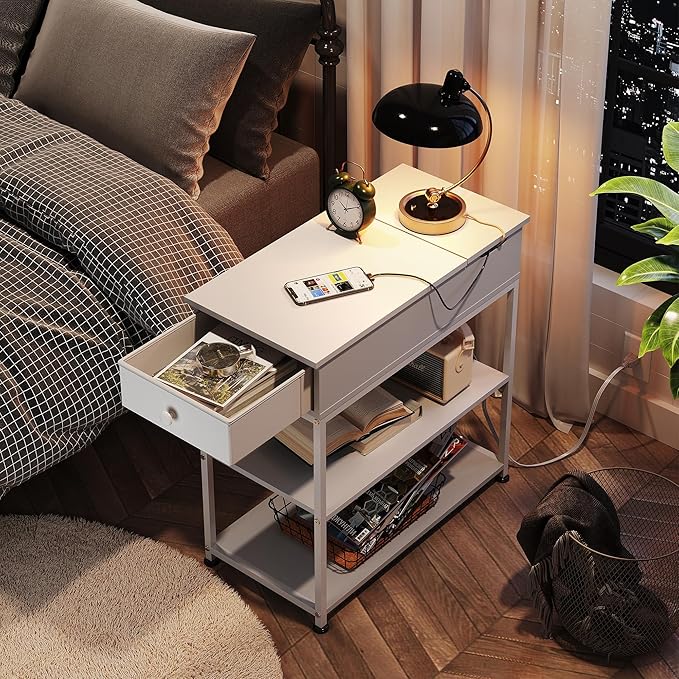 WLIVE Narrow Side Table with Charging Station, Couch Side Table for Living Room, Narrow End Table for Bedroom with Fabric Drawer, USB Ports and Power Outlets, 11.8‘’W 23.6‘’L 24‘’H, White