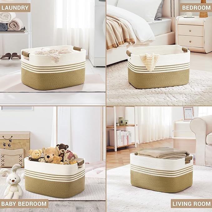 60L Large Laundry Basket with Leather Handles for Living Room Storage, Woven Rope BasketsBin for Blanket, Kids Toy, Gifts, Wicker Hamper for Bedroom Dirty Clothes, 21"x15"x11" Khaki