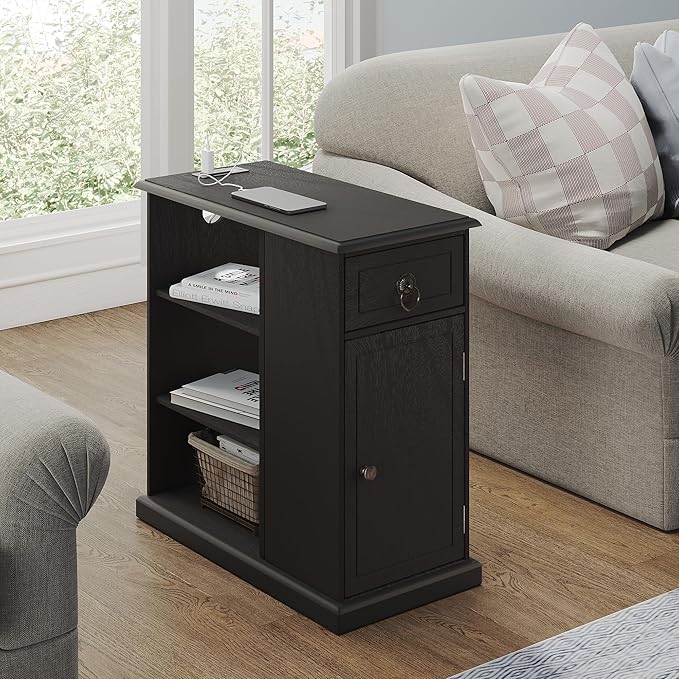 ChooChoo Farmhouse XXL End Table with Charging Station,Narrow Sofa Side Table with Adjustale Shelf, 3 Tier Rustic Night Stand for Small Place Living Room, Charcoal Black