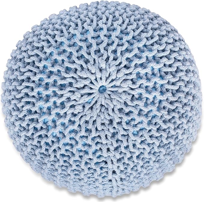 BIRDROCK HOME Round Pouf Ottoman | Cotton Braided Foot Stool with Bean Bag Filling | Boho Foot Rest for Living Room & Bedroom | Compact & Comfortable Seating, Lightweight & Soft | Soft Blue