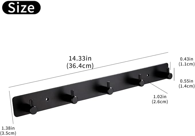 Black Wall Hooks, Matte Black Bathroom Hook Rail, Self Adhesive 5 Hooks Key Hook Rack Hanger Towel Robe Stick Hooks for Toilet Entryway Hallway Kitchen Wall Mounted