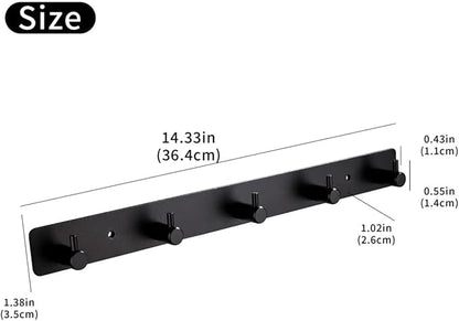 Black Wall Hooks, Matte Black Bathroom Hook Rail, Self Adhesive 5 Hooks Key Hook Rack Hanger Towel Robe Stick Hooks for Toilet Entryway Hallway Kitchen Wall Mounted
