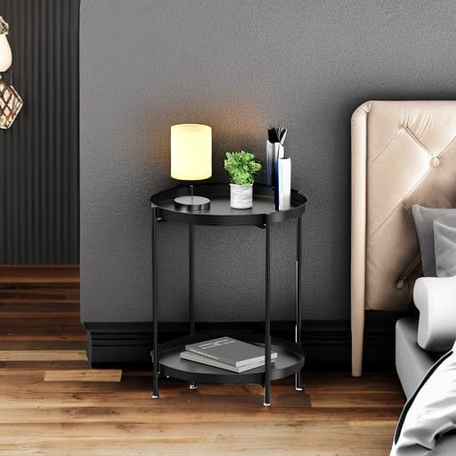 EKNITEY 2 Tier End Table - Metal Side Table Waterproof Small Sofa Coffee Side Tables Bedroom Indoor Outdoor with Removable Tray for Living Room Bedroom Balcony and Office (Black)