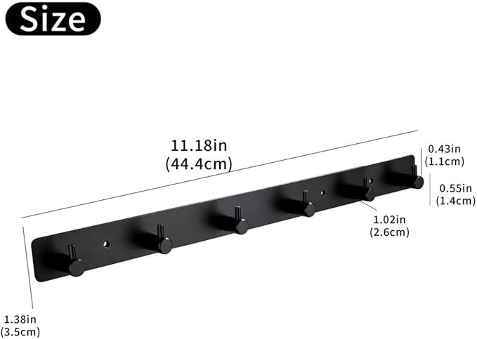 Black 6 Wall Hooks, Matte Black Bathroom Hook Rail, Self Adhesive Key Hook Rack Hanger Towel Robe Stick Hooks for Toilet Entryway Hallway Kitchen Wall Mounted