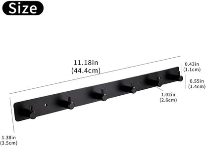 Black 6 Wall Hooks, Matte Black Bathroom Hook Rail, Self Adhesive Key Hook Rack Hanger Towel Robe Stick Hooks for Toilet Entryway Hallway Kitchen Wall Mounted