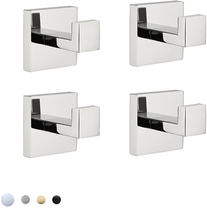 Bath Towel Hooks Premium Stainless Steel Clothes Hook Robe Coat Heavy Duty Square Wall Mounted Modern Hook for Bathroom Kitchen 4Pack Polished Chrome Finish